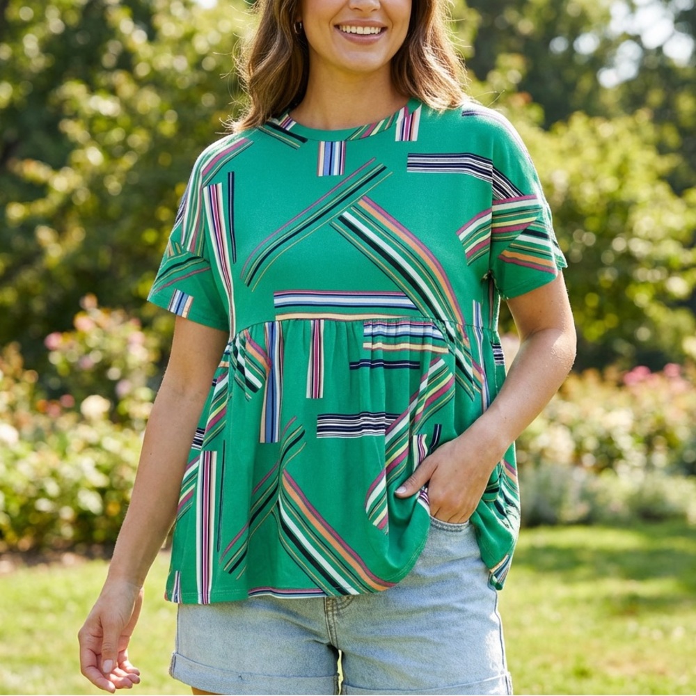 Haptics NWOT Boho Green Striped Short-Sleeve Babydoll Tee loose fit